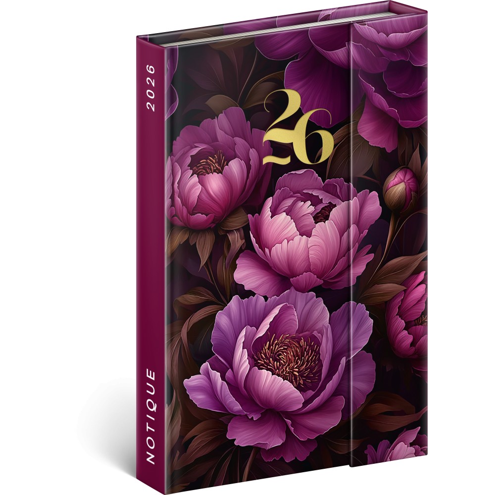 Mágnessel záródó agenda Purple Flowers 2026, 11 x 16 cm (naptár)