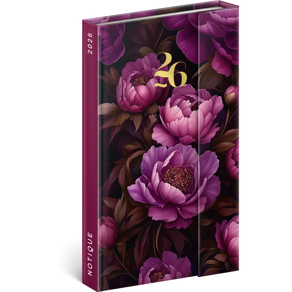 Mágnessel záródó agenda Purple Flowers 2026, 13 x 21 cm (naptár)